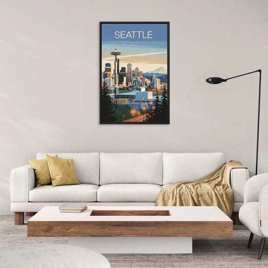 Seattle City at Dusk - Living Room Black Frame Canvas