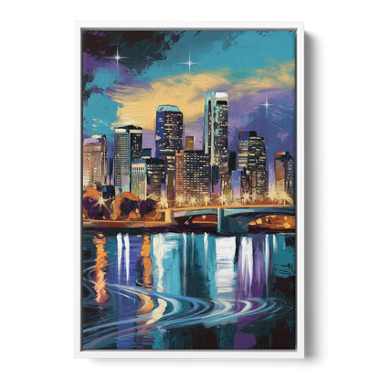 Minneapolis Urban Skyline Reflection - White Frame Canvas