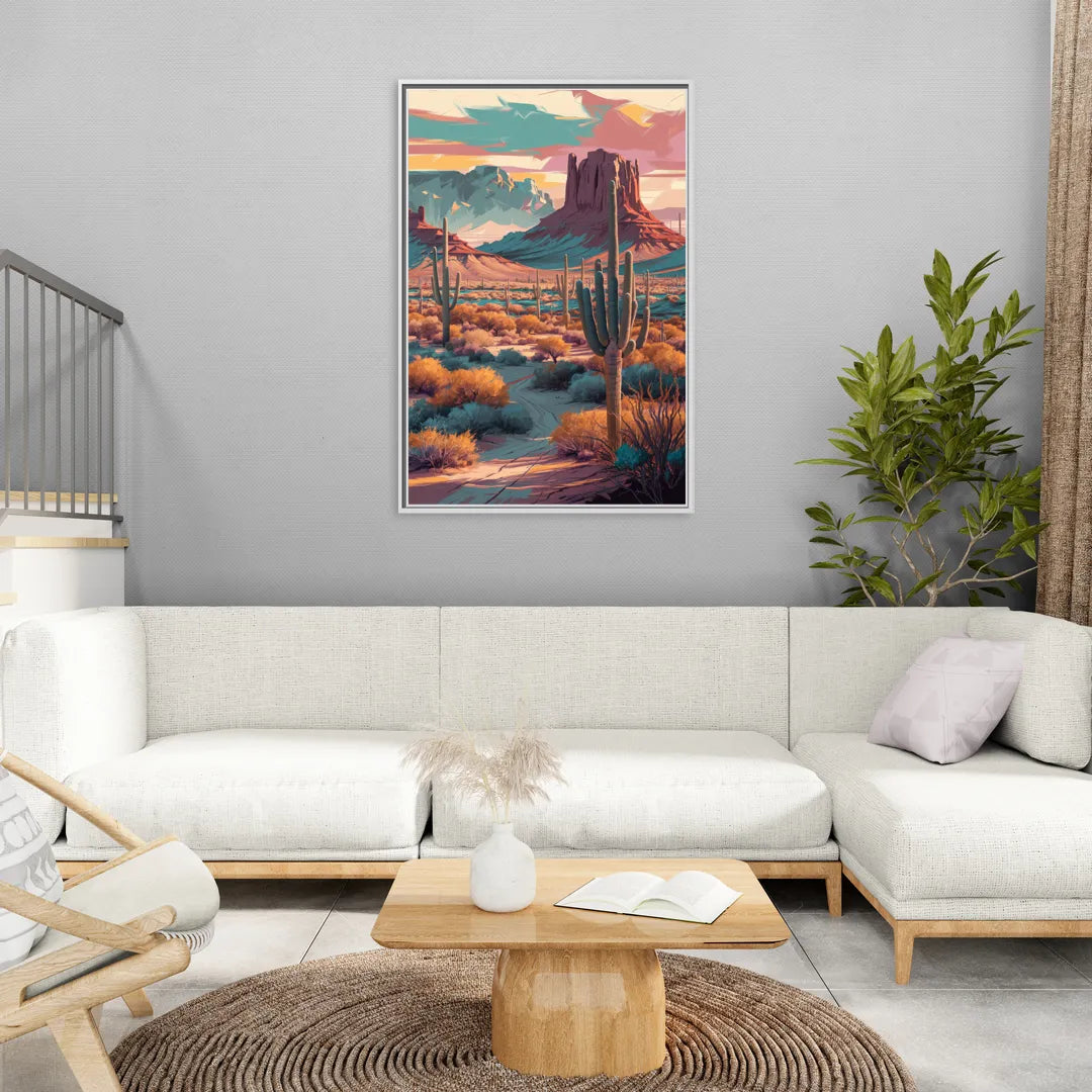 Tucson Cactus Landscape - Living Room White Frame Canvas