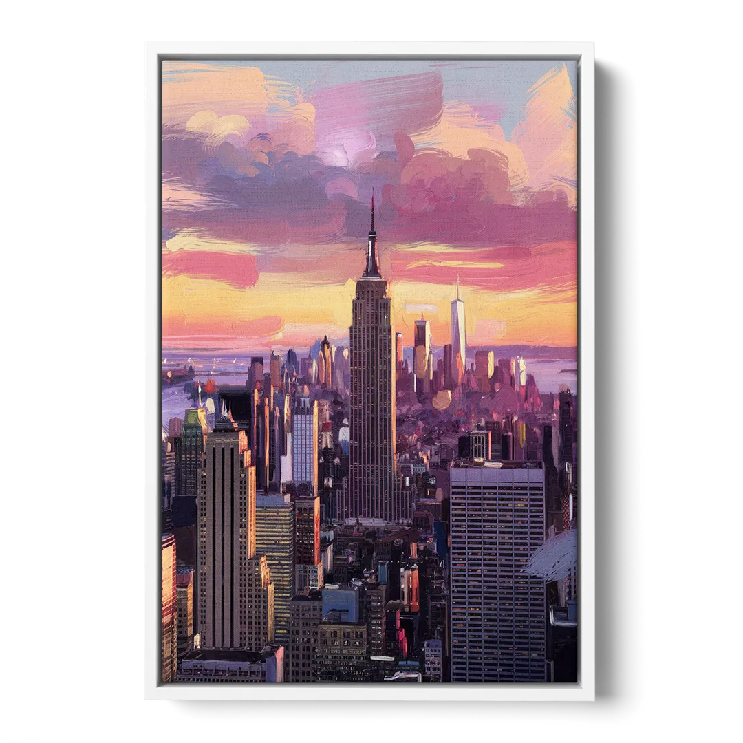 New York City Sunset Over Skyline - White Frame Canvas