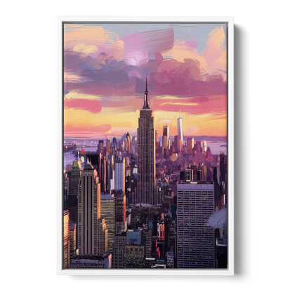 New York City Sunset Over Skyline - White Frame Canvas