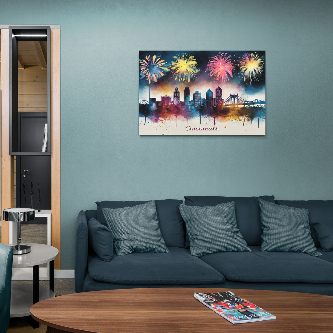 Cincinnati Skyline With Fireworks - Canvas Wall Art Living Room