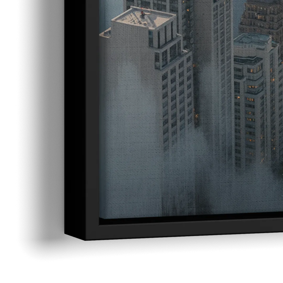 Vancouver Foggy Skyline - Close-Up Black Frame Canvas