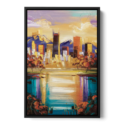 Denver Skyline Reflection - Black Frame Canvas