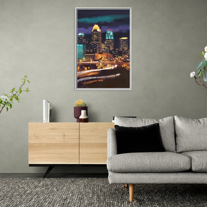 Kansas City Nighttime Skyline - Living Room White Frame Canvas