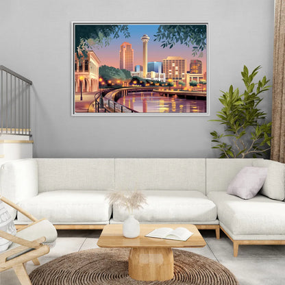 San Antonio Downtown Vibes - Living Room White Frame Canvas