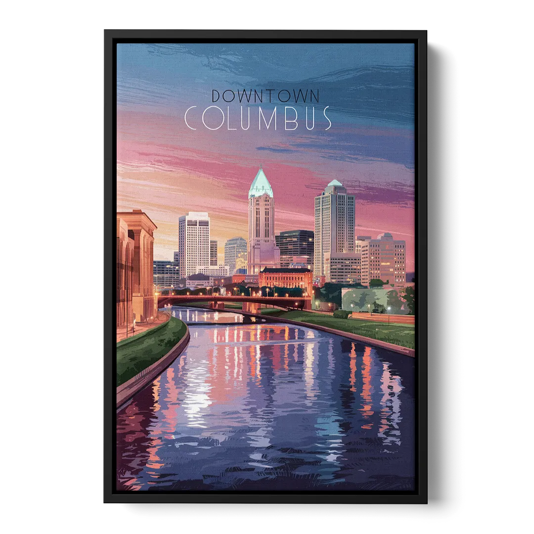 Columbus Downtown Panorama - Black Frame Canvas