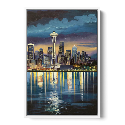 Seattle Skyline Reflection - White Frame Canvas