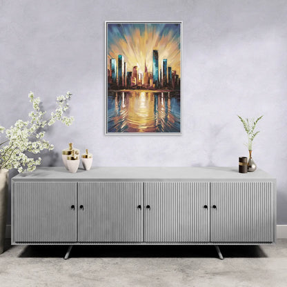Riverside Sunset Over the City - Living Room White Frame Canvas