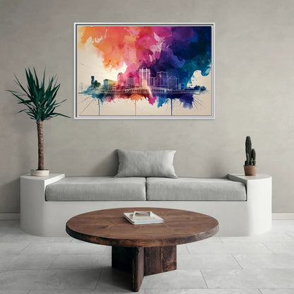 Rochester Skyline At Sunset - Living Room White Frame Canvas