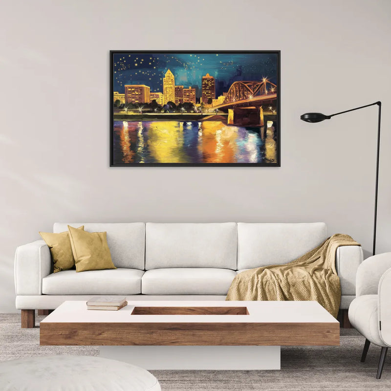 Louisville Cityscape Glow - Living Room Black Frame Canvas