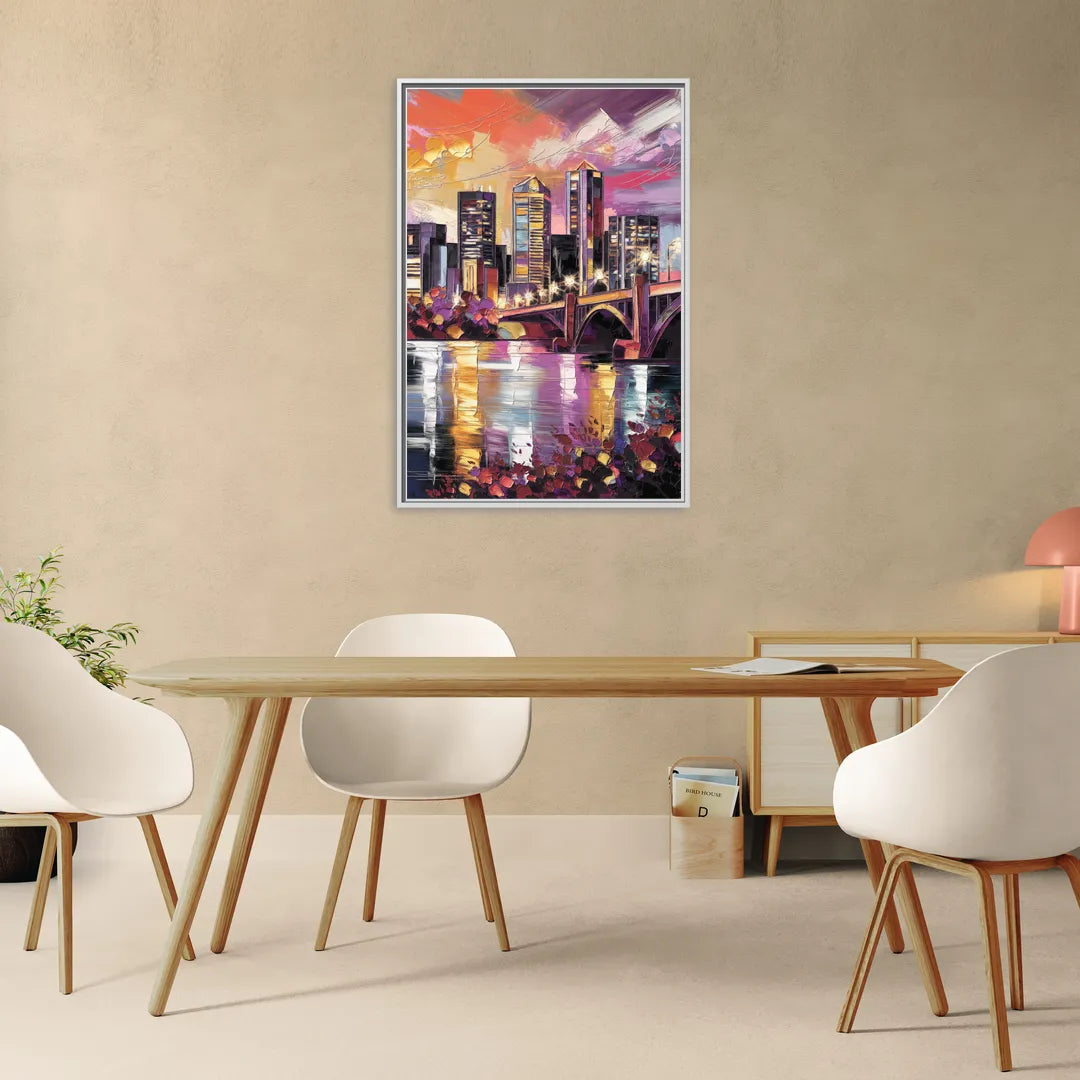Minneapolis Vibrant City Lights - Living Room White Frame Canvas