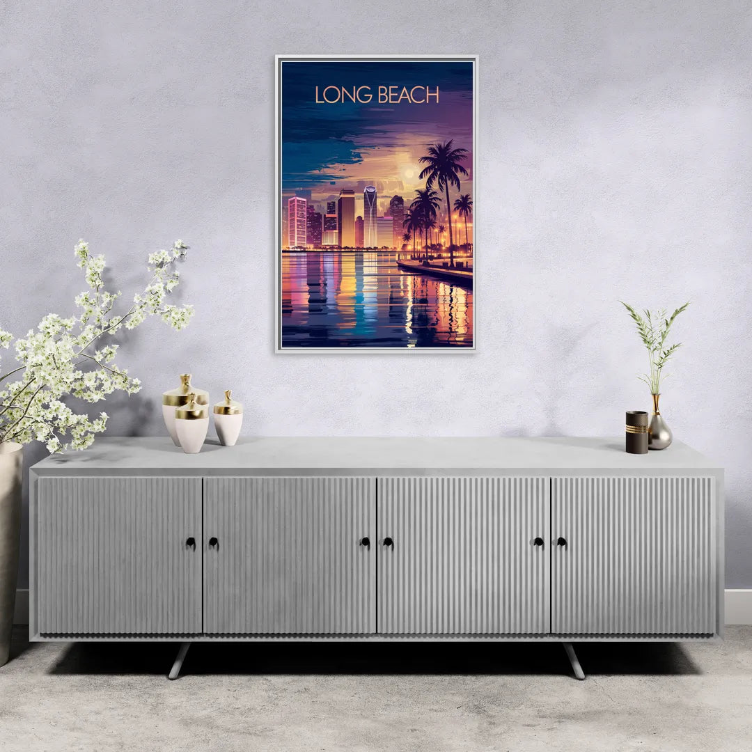 Long Beach Cityscape Evening Lights Nightscape - Living Room White Frame Canvas