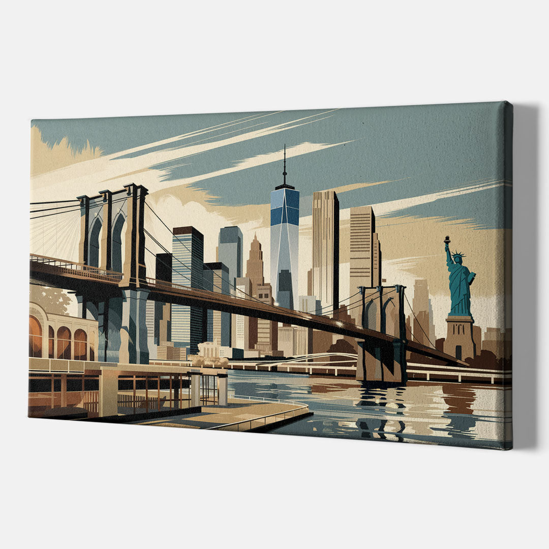 New York Brooklyn Bridge And Statue Of Liberty - Canvas Wall Art Indoor