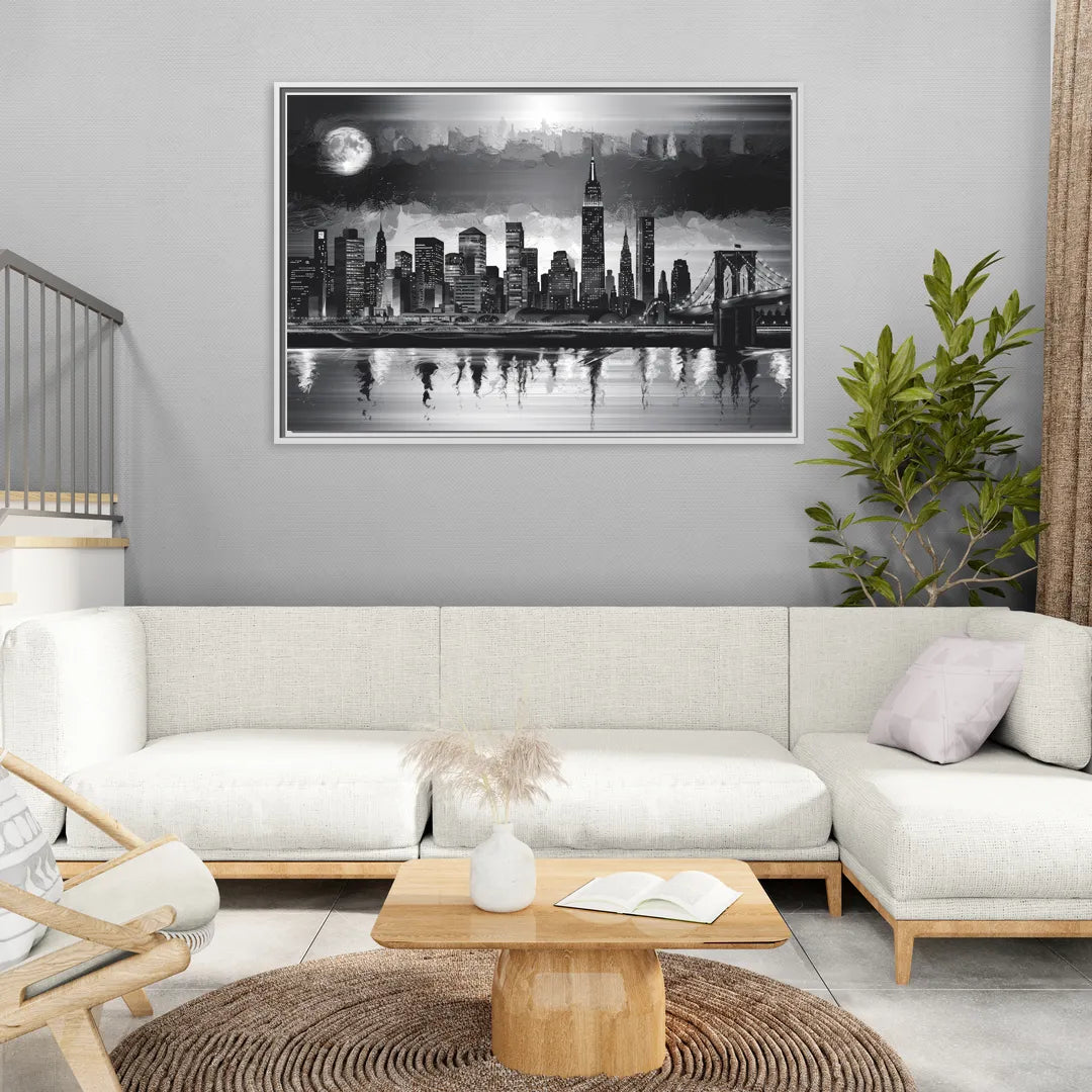 New York City Black And White Skyline - Living Room White Frame Canvas