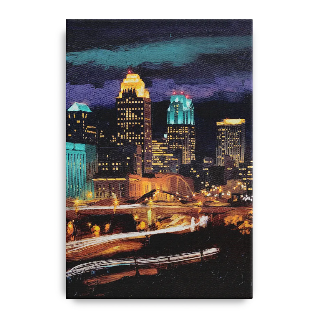 Kansas City Nighttime Skyline - Canvas Wall Art