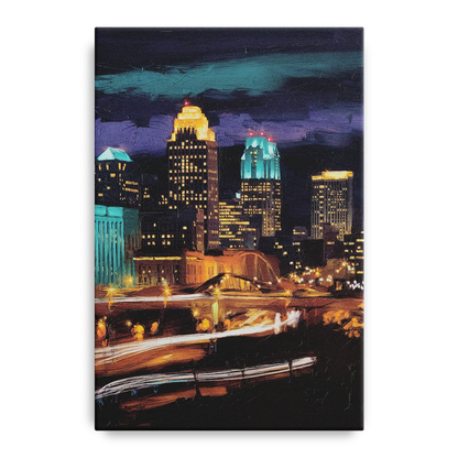 Kansas City Nighttime Skyline - Canvas Wall Art