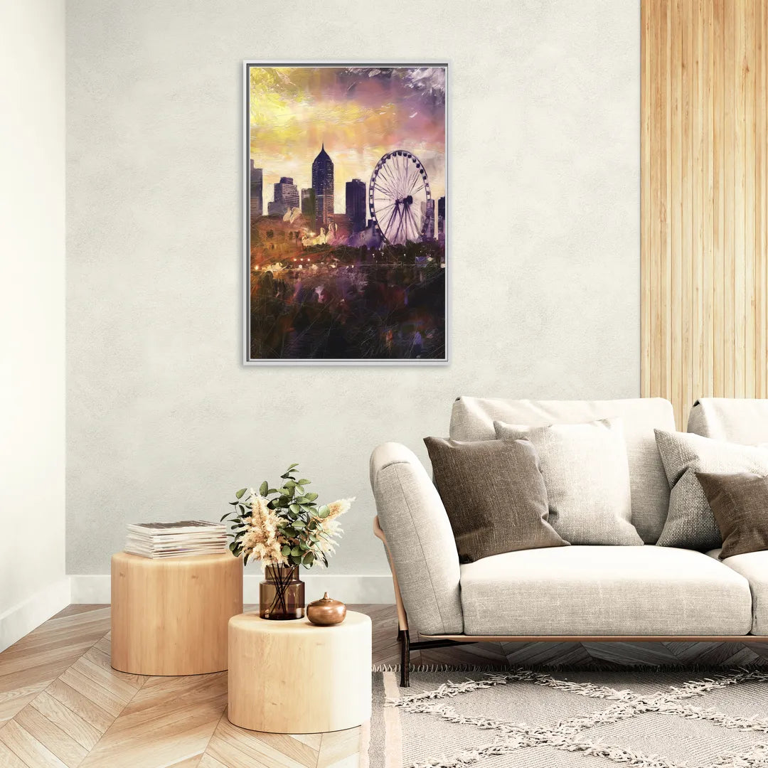 Atlanta Skyline with Ferris Wheel - Living Room White Frame Canvas