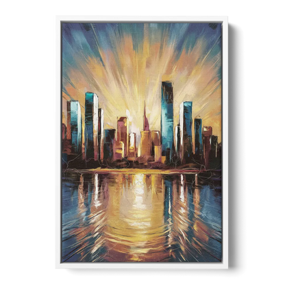 Riverside Sunset Over the City - White Frame Canvas
