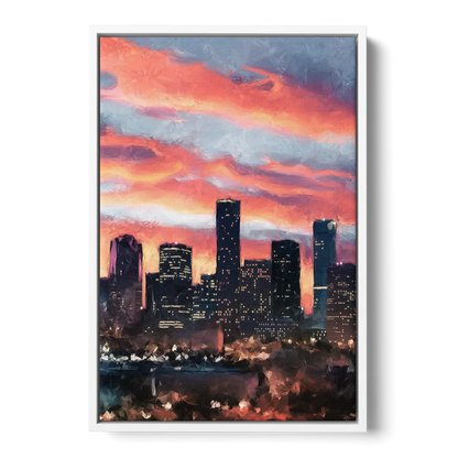 Houston Sunset Skyline - White Frame Canvas