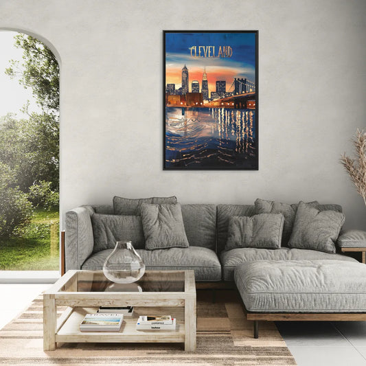 Cleveland Cityscape Panoramic - Living Room Black Frame Canvas