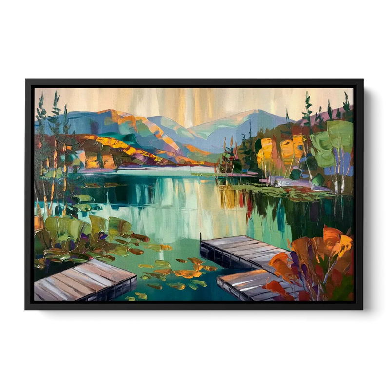 Lake Placid Mirror Lake View - Black Frame Canvas