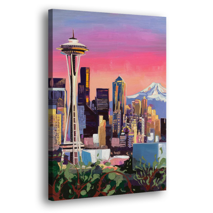 Seattle Skyline with Mount Rainier - Canvas Print Art Sides