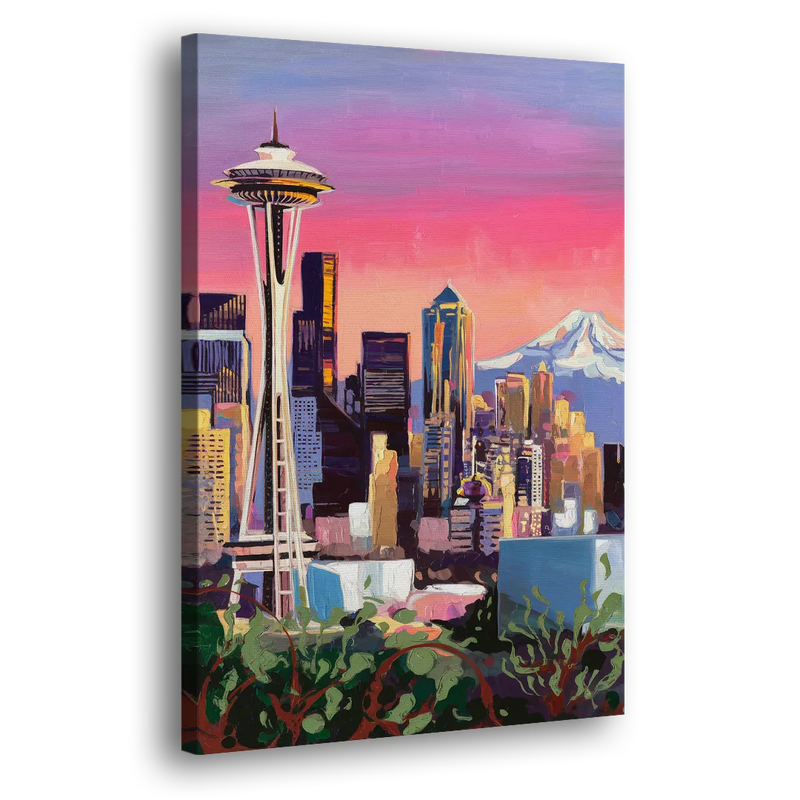 Seattle Skyline with Mount Rainier - Canvas Print Art Sides