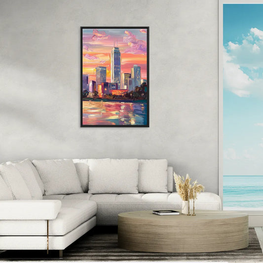 Oklahoma City Downtown Sunset - Living Room Black Frame Canvas