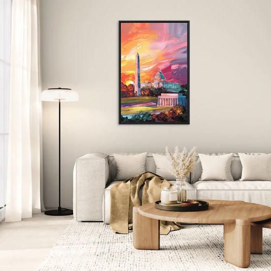 Washington DC Skyline Sunset - Living Room Black Frame Canvas