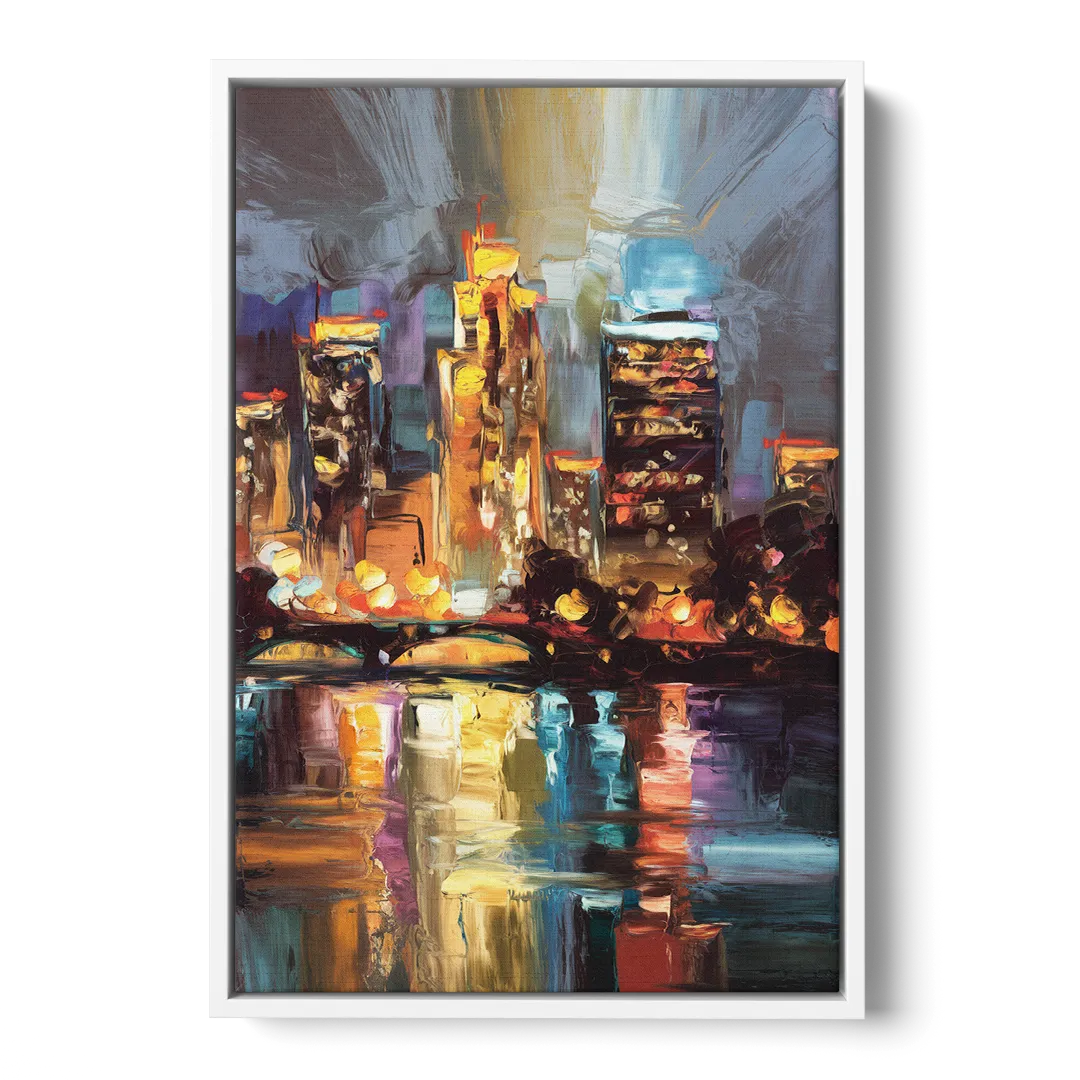 Wichita Cityscape Glow - White Frame Canvas