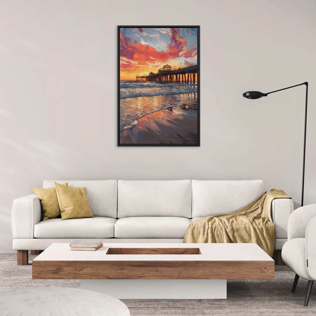 Huntington Beach Pier Sunset - Living Room Black Frame Canvas