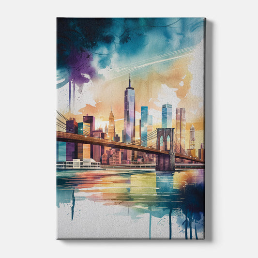 New York City Skyline in Watercolor Hudson - Canvas Wall Art