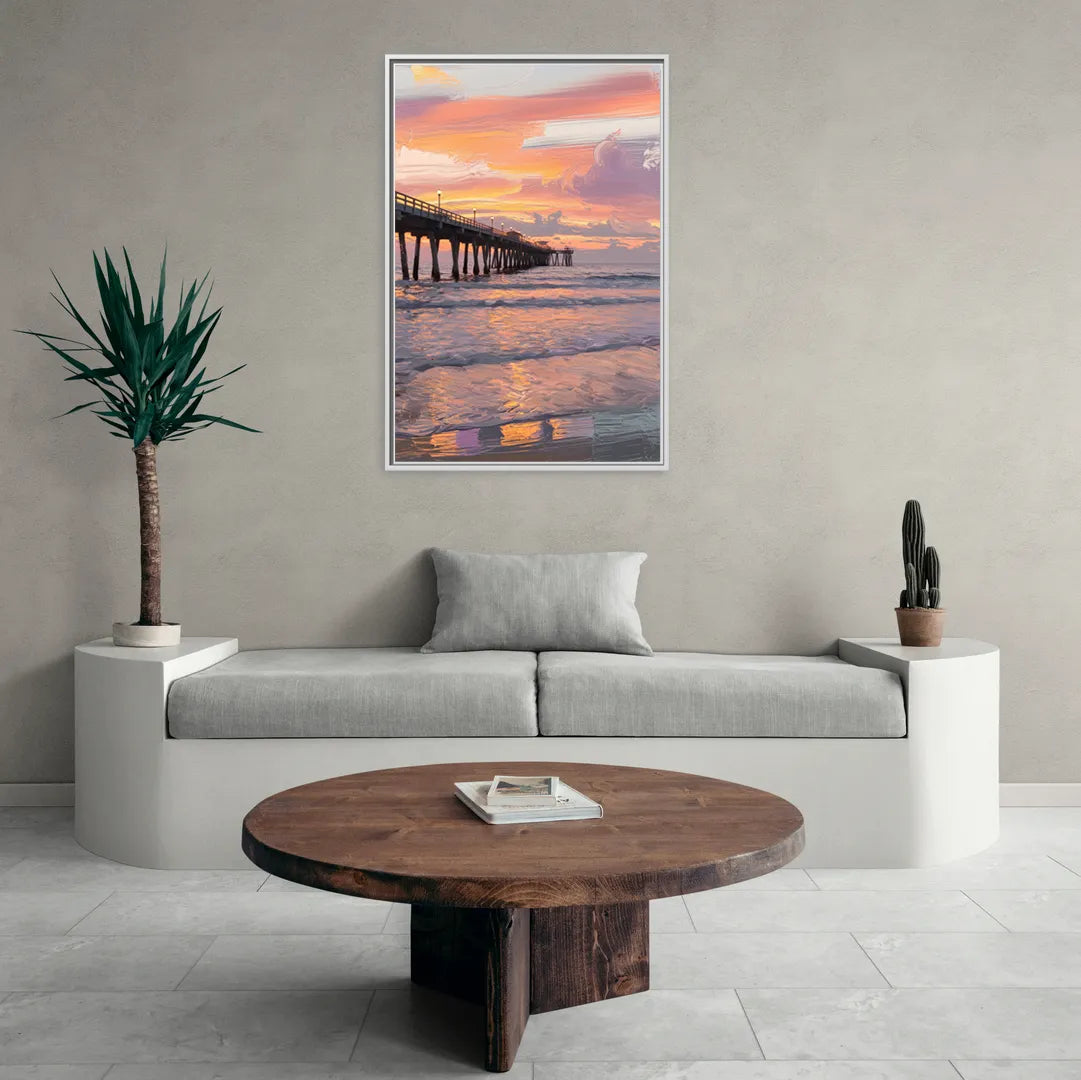 Myrtle Beach Pier at Sunset - Living Room White Frame Canvas