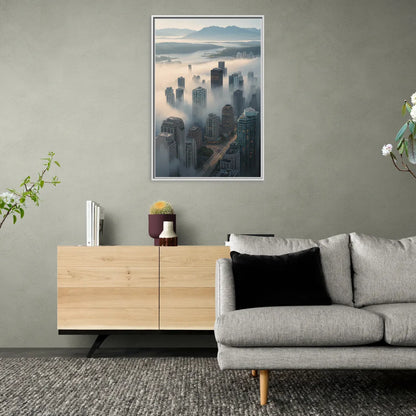 Vancouver Foggy Skyline - Living Room White Frame Canvas