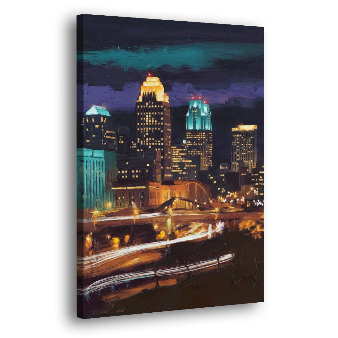 Kansas City Nighttime Skyline - Canvas Print Art Sides