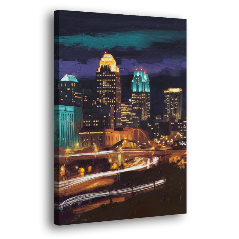 Kansas City Nighttime Skyline - Canvas Print Art Sides