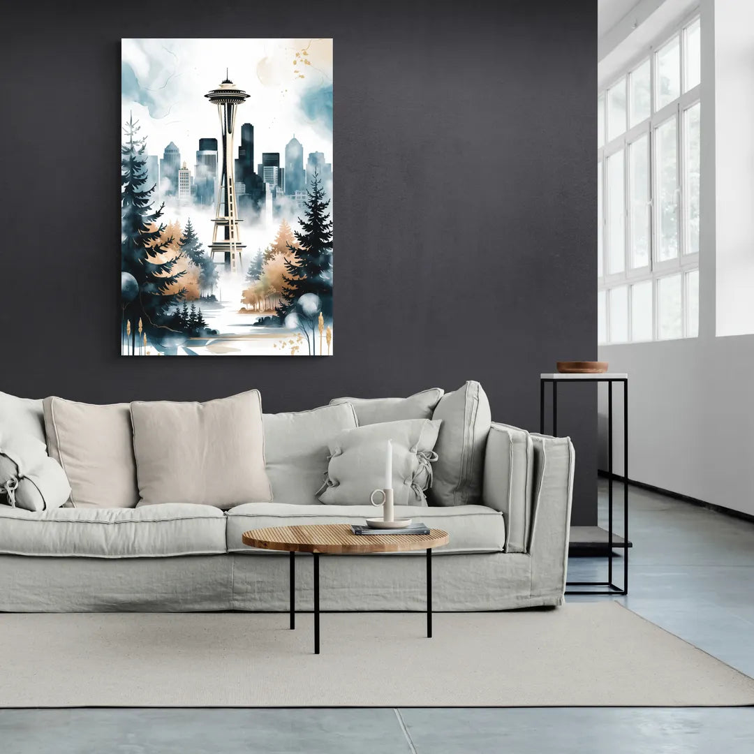 Seattle Space Needle in Fog - Canvas Wall Art Living Room