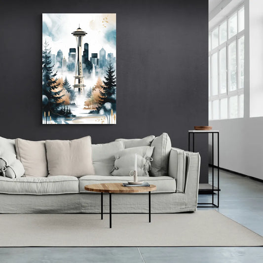 Seattle Space Needle in Fog - Canvas Wall Art Living Room