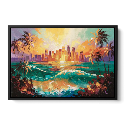 Los Angeles Sunset Over The Ocean - Black Frame Canvas