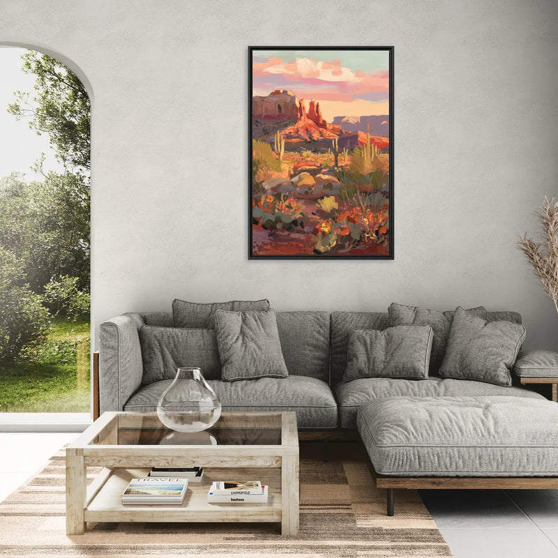 Sedona Desert Bloom Scenery - Living Room Black Frame Canvas