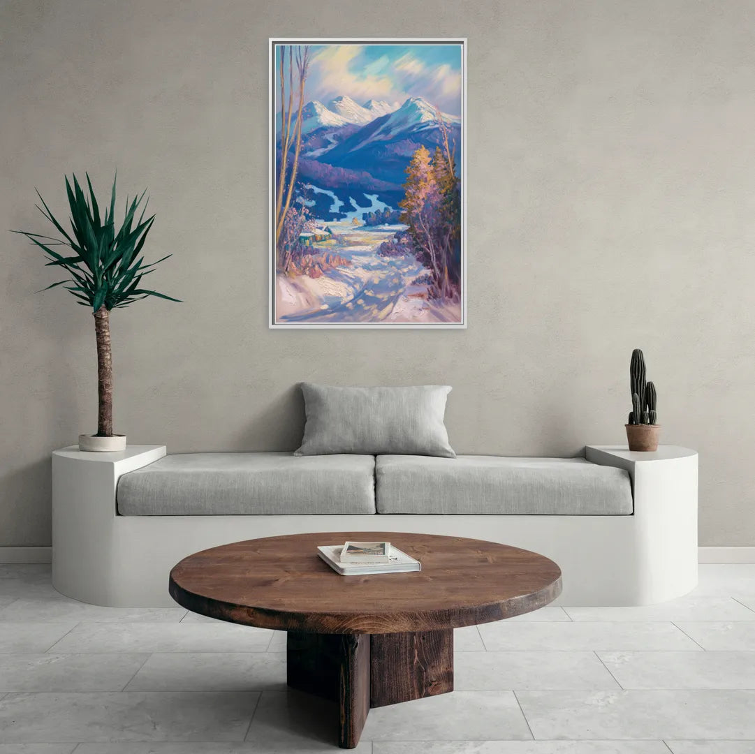 Whistler Snowy Peaks - Living Room White Frame Canvas
