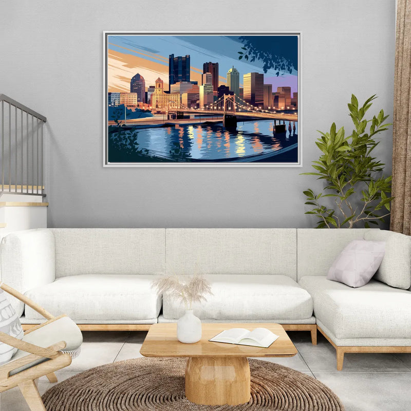 Pittsburgh Urban Aesthetic View - Living Room White Frame Canvas