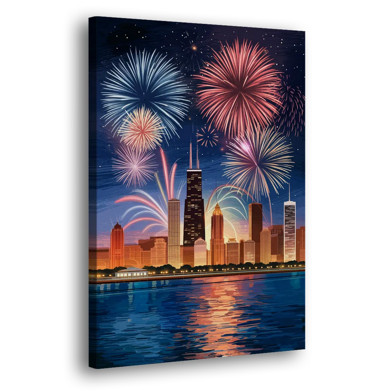 Chicago Skyline and Fireworks - Canvas Print Art Sides