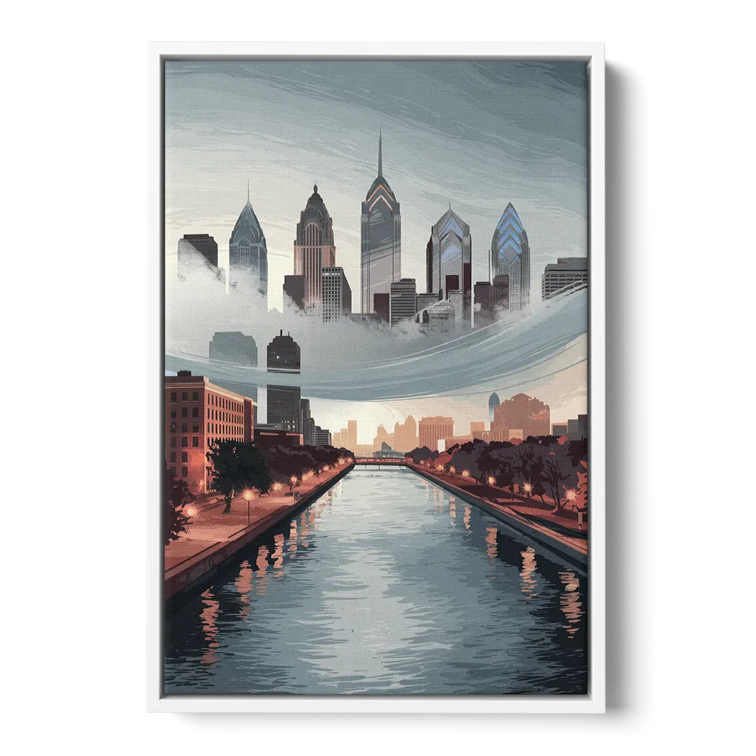 Philadelphia Skyline in Fog - White Frame Canvas