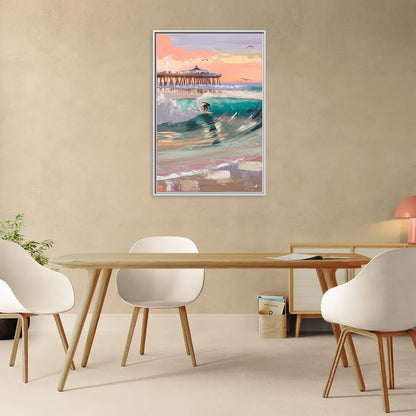 Huntington Beach Surfing Scene - Living Room White Frame Canvas
