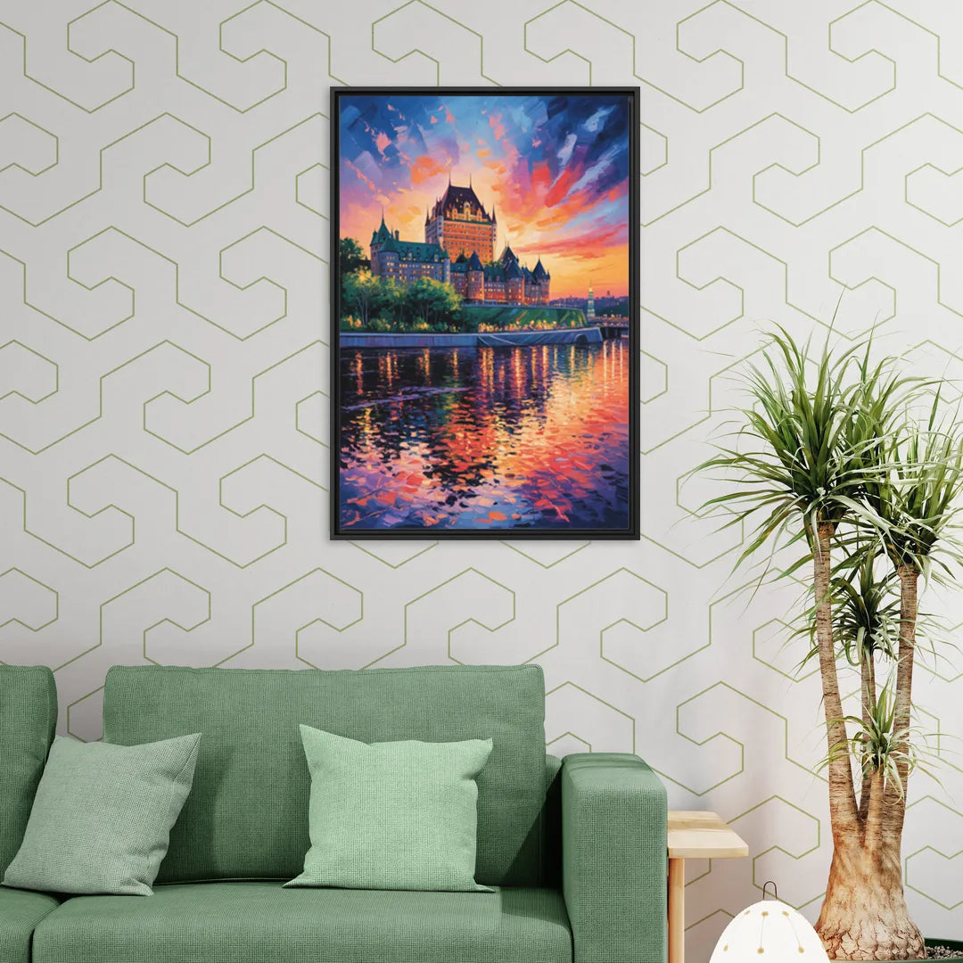 Chteau Frontenac at Sunset - Living Room Black Frame Canvas