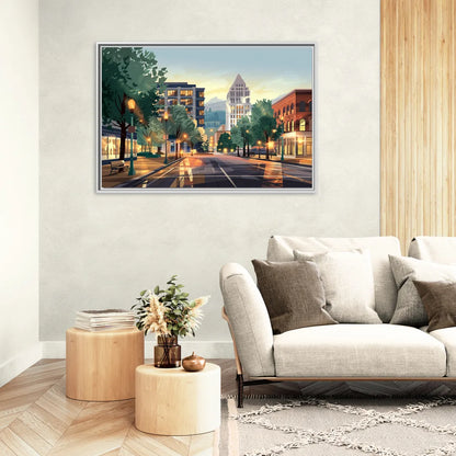 Eugene Cityscape Downtown - Living Room White Frame Canvas