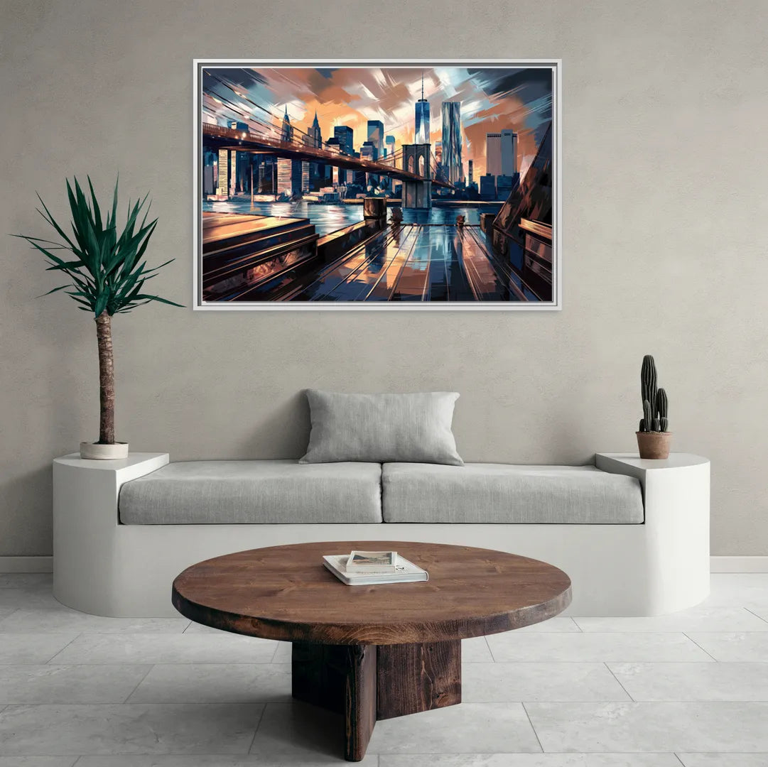 New York City Bridge From The Rooftop - Living Room White Frame Canvas