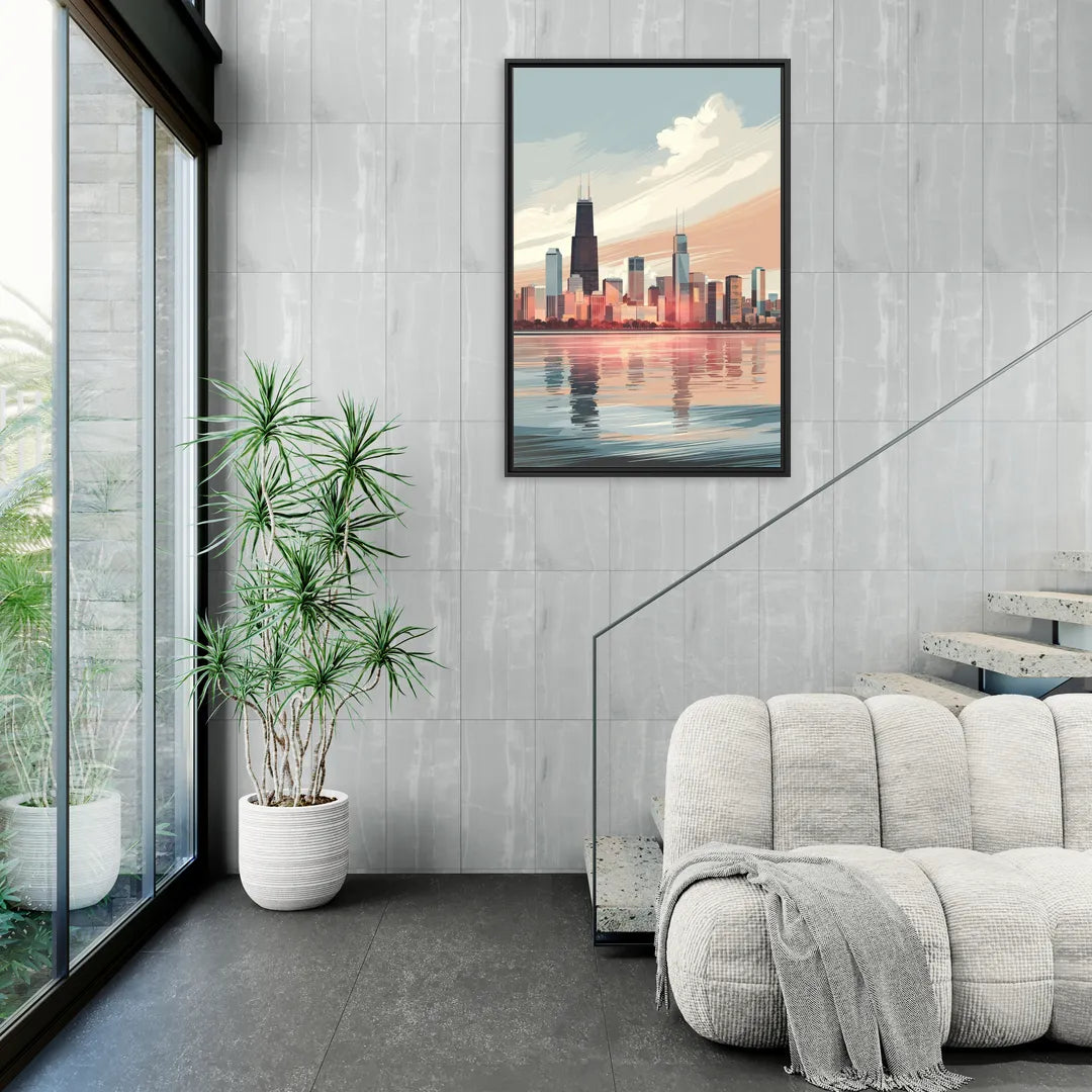 Chicago Skyline from Lake Michigan - Living Room Black Frame Canvas